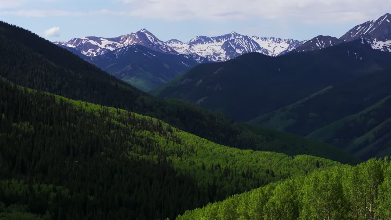Ashcroft Mountain Aspen grove spring summertime morning blue sky clouds Aspen Mountain Ajax Little Annie Trailhead aerial drone Colorado scenic Rocky Mountains Elk Range Aspen Trees pan up
