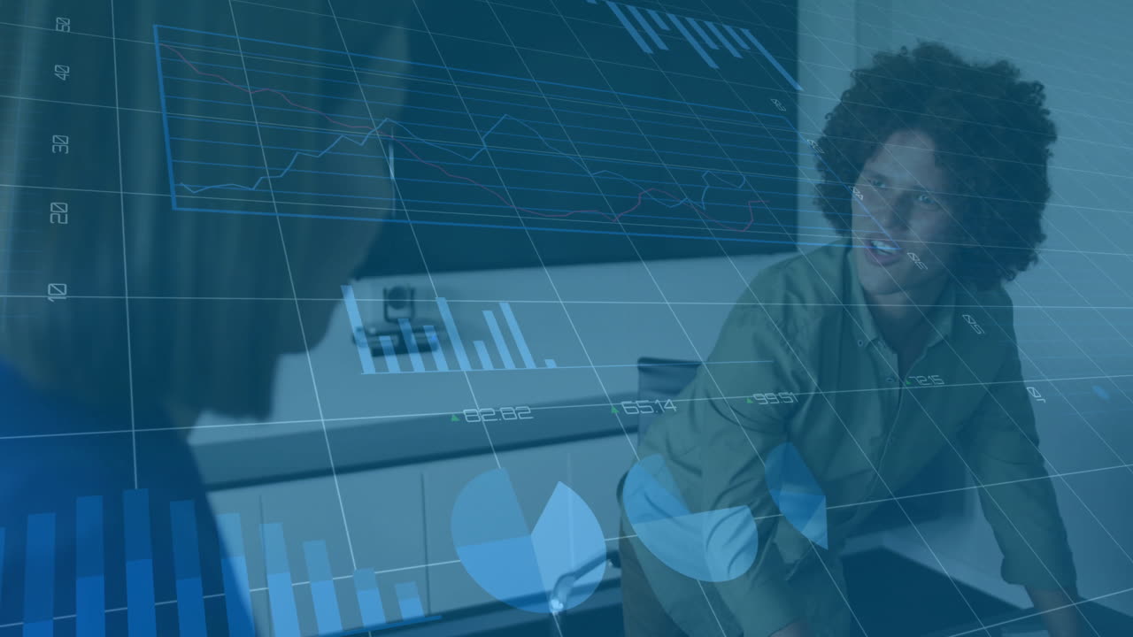 Business charts and graphs animation over diverse professionals in meeting