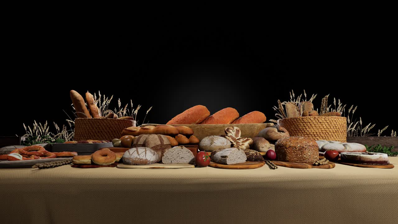 Different Types Of Fresh Bread On Table, Black Background