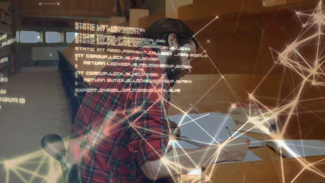 animación de un hombre sentado junto a un escritorio escribiendo sobre una red de conexiones en el fondo.