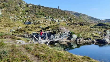 tourist backpacker enjoying freedom and silence in norwegian nature - crossing wooden bridge in mountain landscape at hamlagro voss