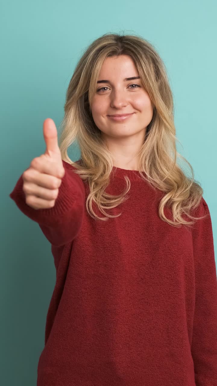 Happy young woman showing thumbs up in blue studio