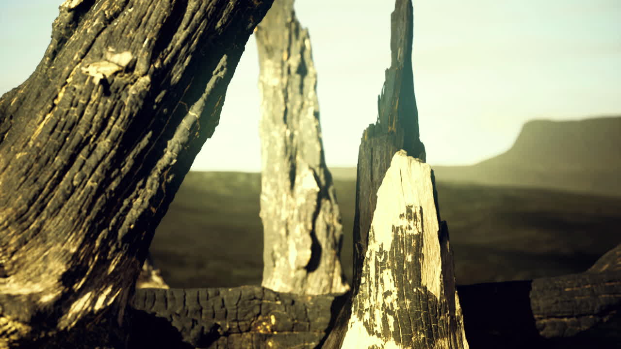 Ancient stone formation amidst charred remnants in a barren landscape at dusk