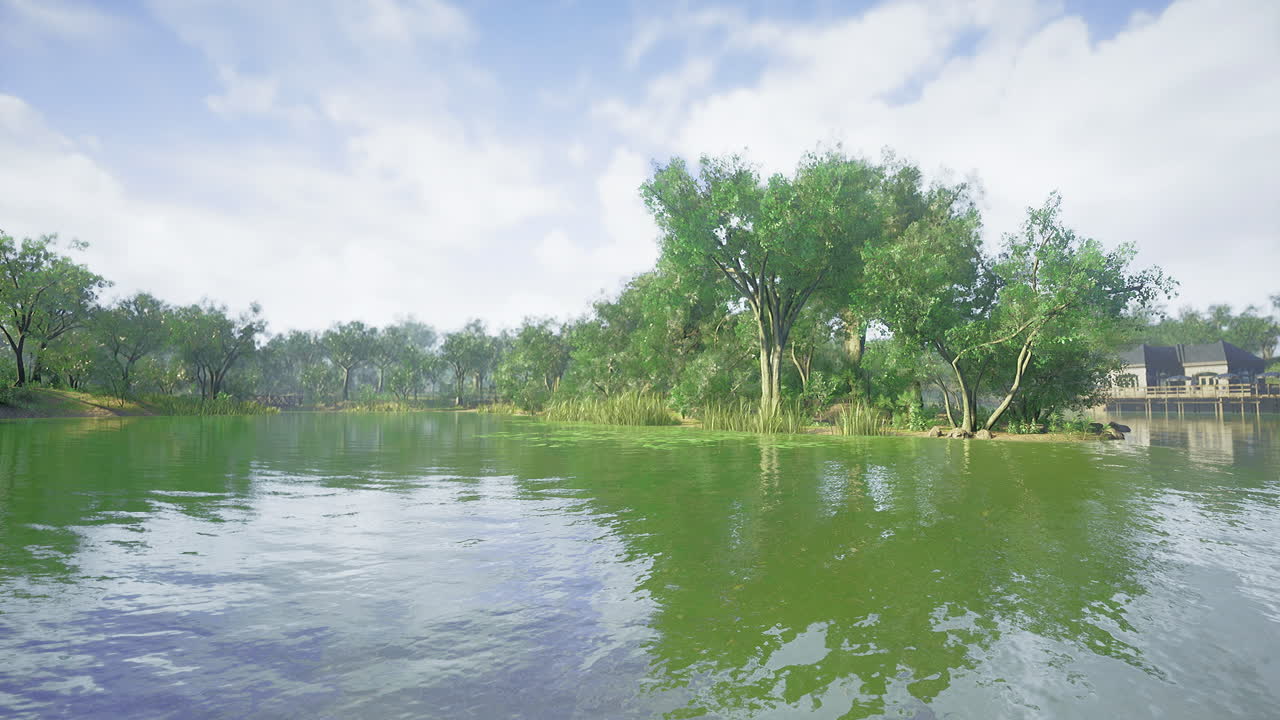 Serene waters reflect lush greenery under a clear sky at midday