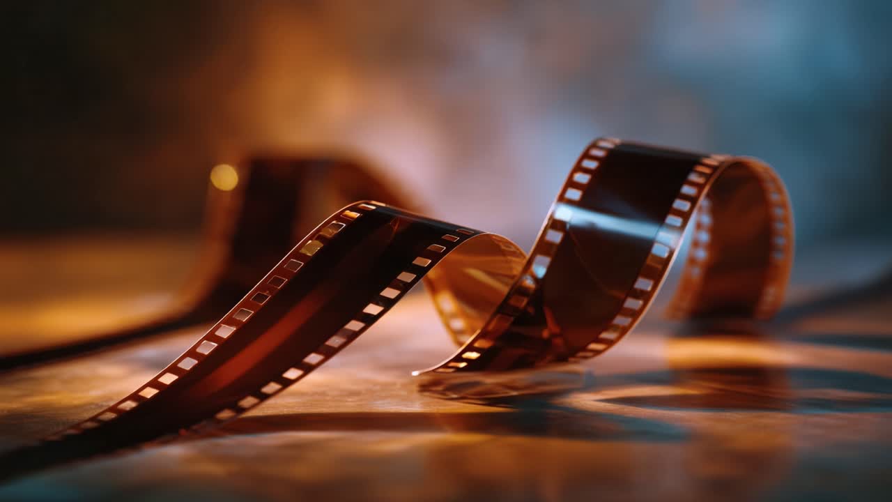 Uma exibição artística de tiras de filmes enroladas elegantemente em um plano de fundo suavemente iluminado, capturando a essência da história do cinema e das técnicas de narrativa visual