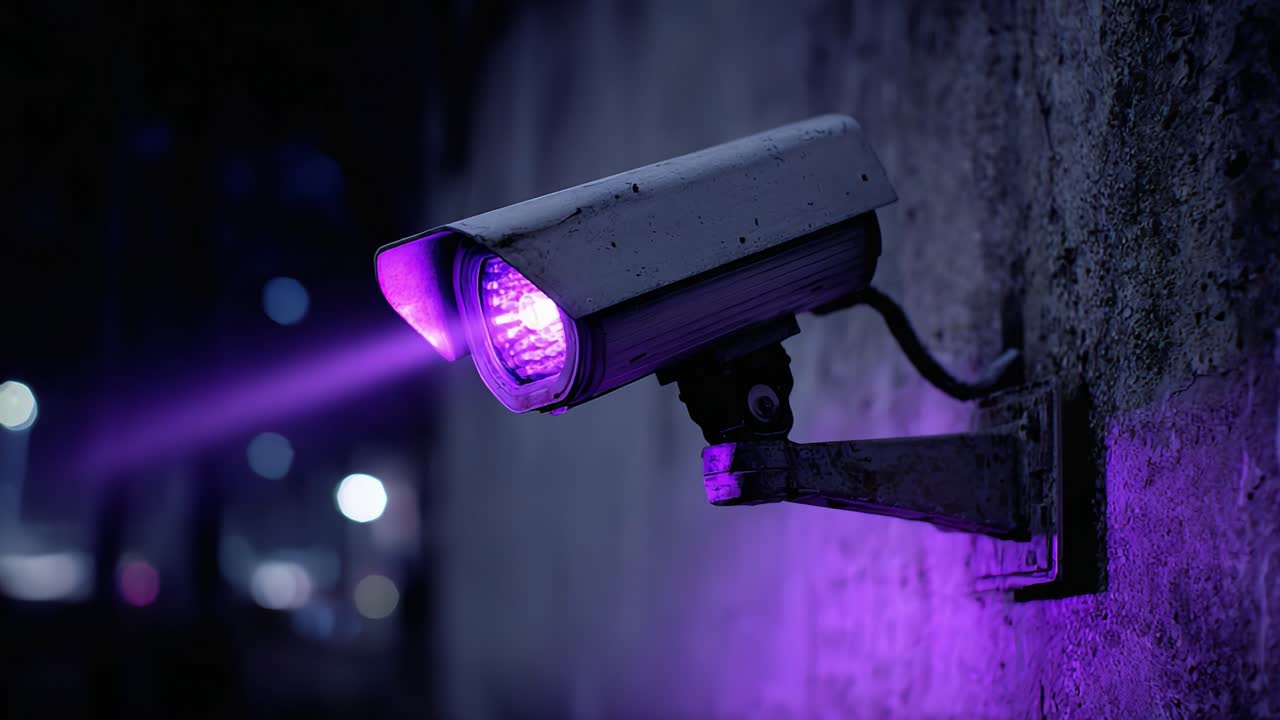 Surveillance Camera Emitting Purple Light Against Dark Wall, Capturing a Mysterious and Dynamic Urban Atmosphere in Two Frames of Expressive Lighting