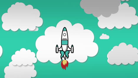 animación de iconos de cohetes y nubes sobre fondo verde