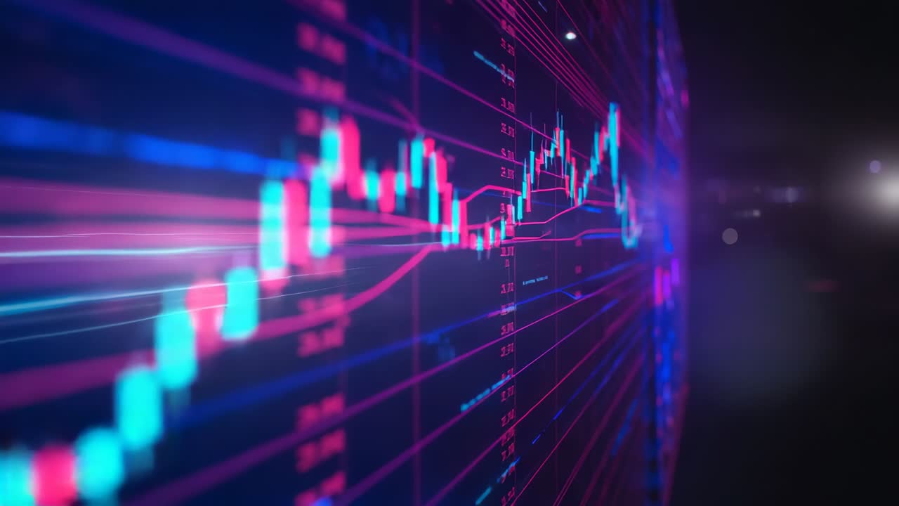 Dashboard loading candlesticks trendline rising peaking falling oscillating into uptick on-screen