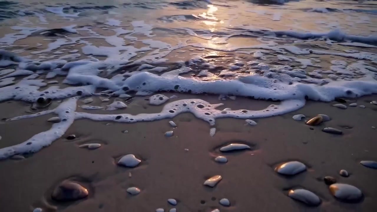 Gentle Ocean Waves Receding on Sandy Beach at Sunset