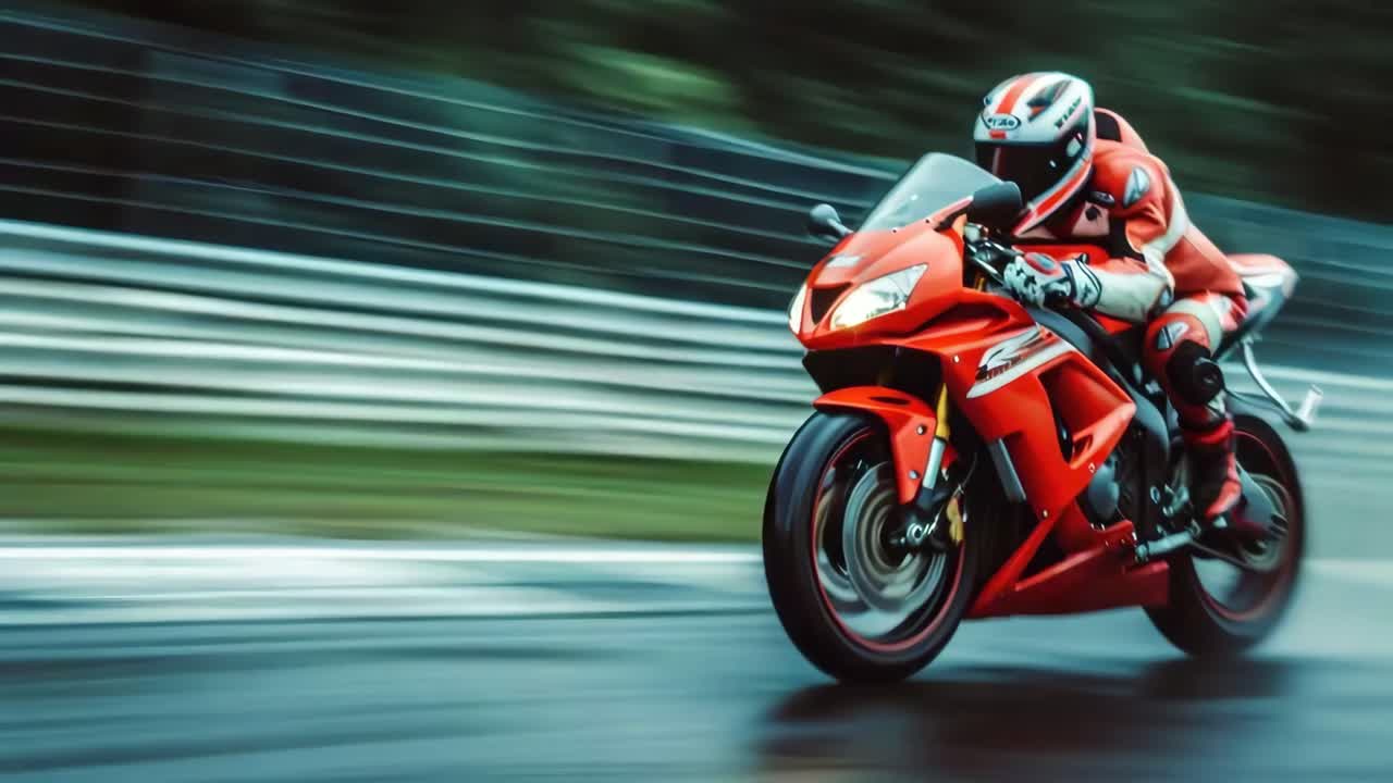 赤いギアを身に着けたバイクレーサーがトラックを疾走する、スピード感あふれるダイナミックなローアングルショット。