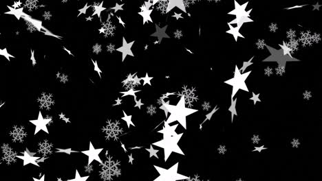 animación digital de múltiples estrellas y iconos de copos de nieve flotando contra un fondo rojo