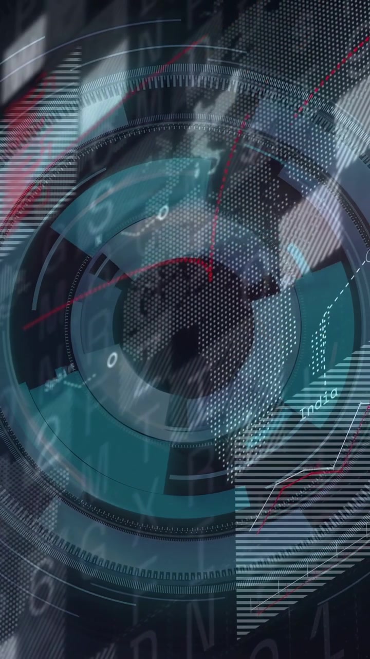 Video verticale: HUD che avvia una scansione finanziaria all'aggiornamento, anelli rotanti che oscurano un dirigente, rivelando una mappa.