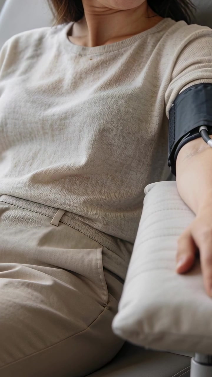 Video verticale: Inizio controllo pressione sanguigna, donna con top beige che sposta il braccio destro sul sedile della clinica con il bracciale