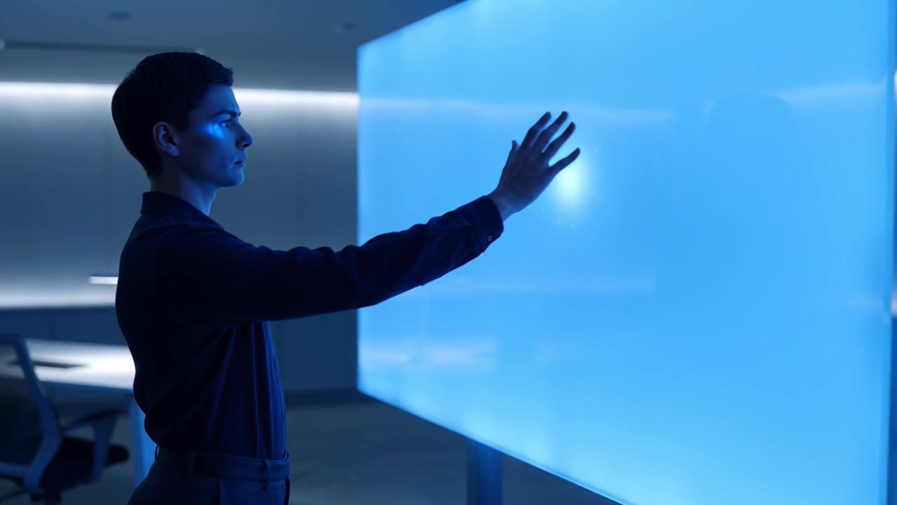 Professional Woman Interacting with Futuristic Blue Touch Screen Display