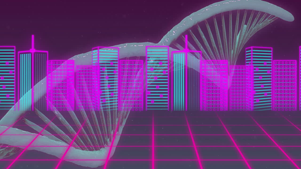 Retro-futuristic animation of neon cityscape with DNA strand and grid pattern