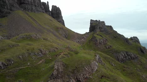 stunning aerial footage of the beautiful quiraing landscape on the isle of skye, scotland, uk. the quiraing landslip is on the northernmost summit of the trotternish on the isle of skye, scotland.