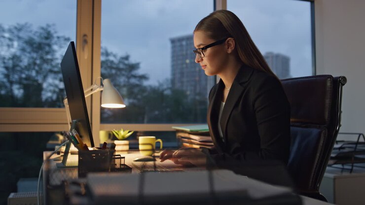 Successful entrepreneur working night in office. Focused woman generating ideas