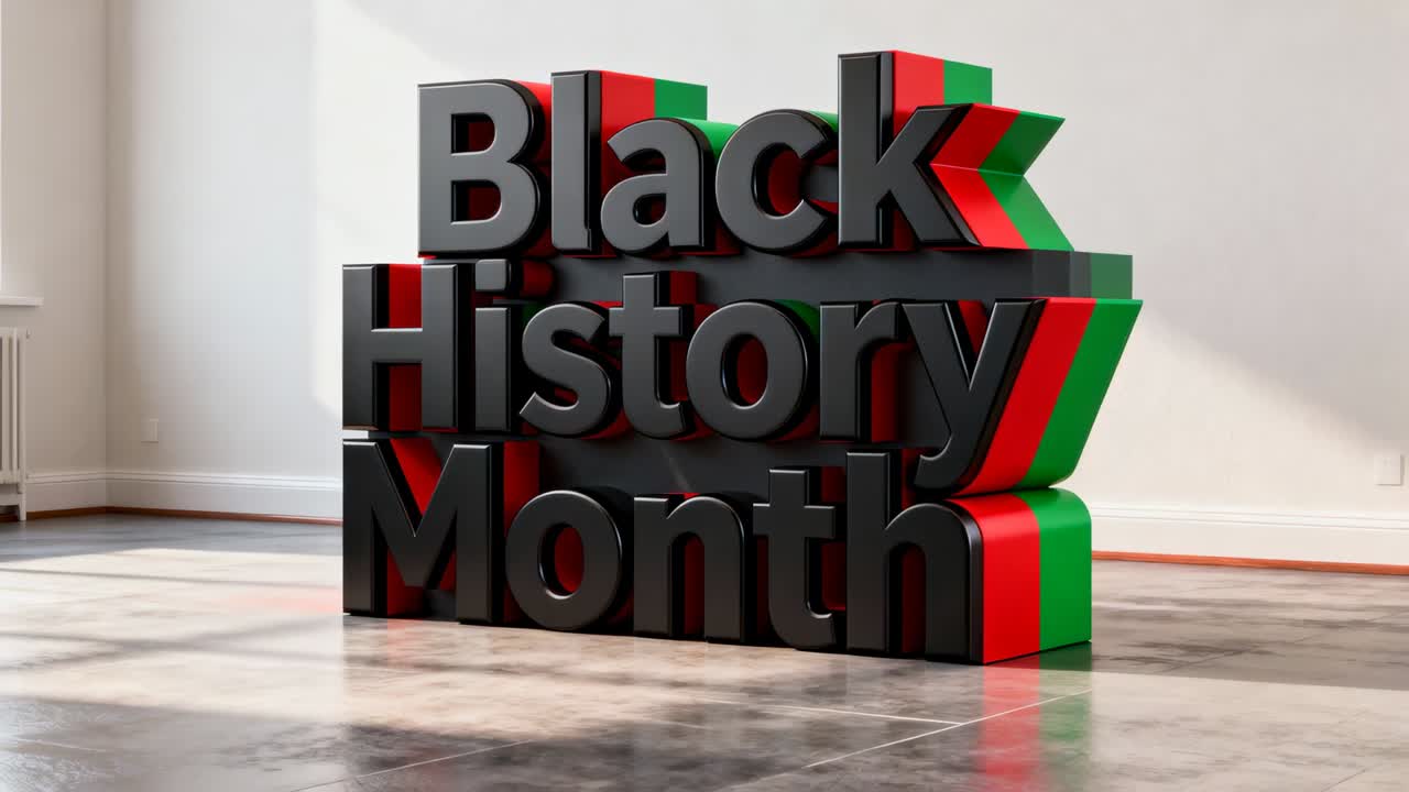 Bevægende kamera afslører 3D Black History Month-skulptur på flisegulv, der viser røde og grønne kanter