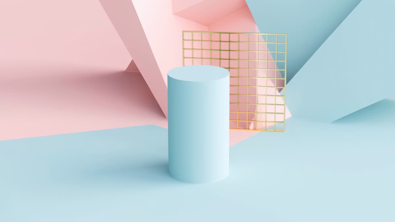 Tom pastelblå piedestal med gyldent gitter og geometrisk baggrund