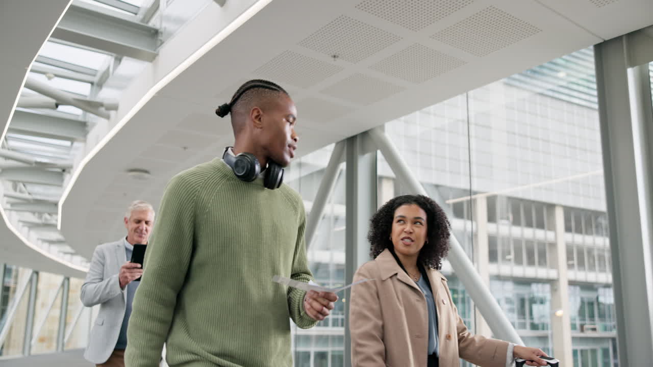 Airport, suitcase and business people chatting