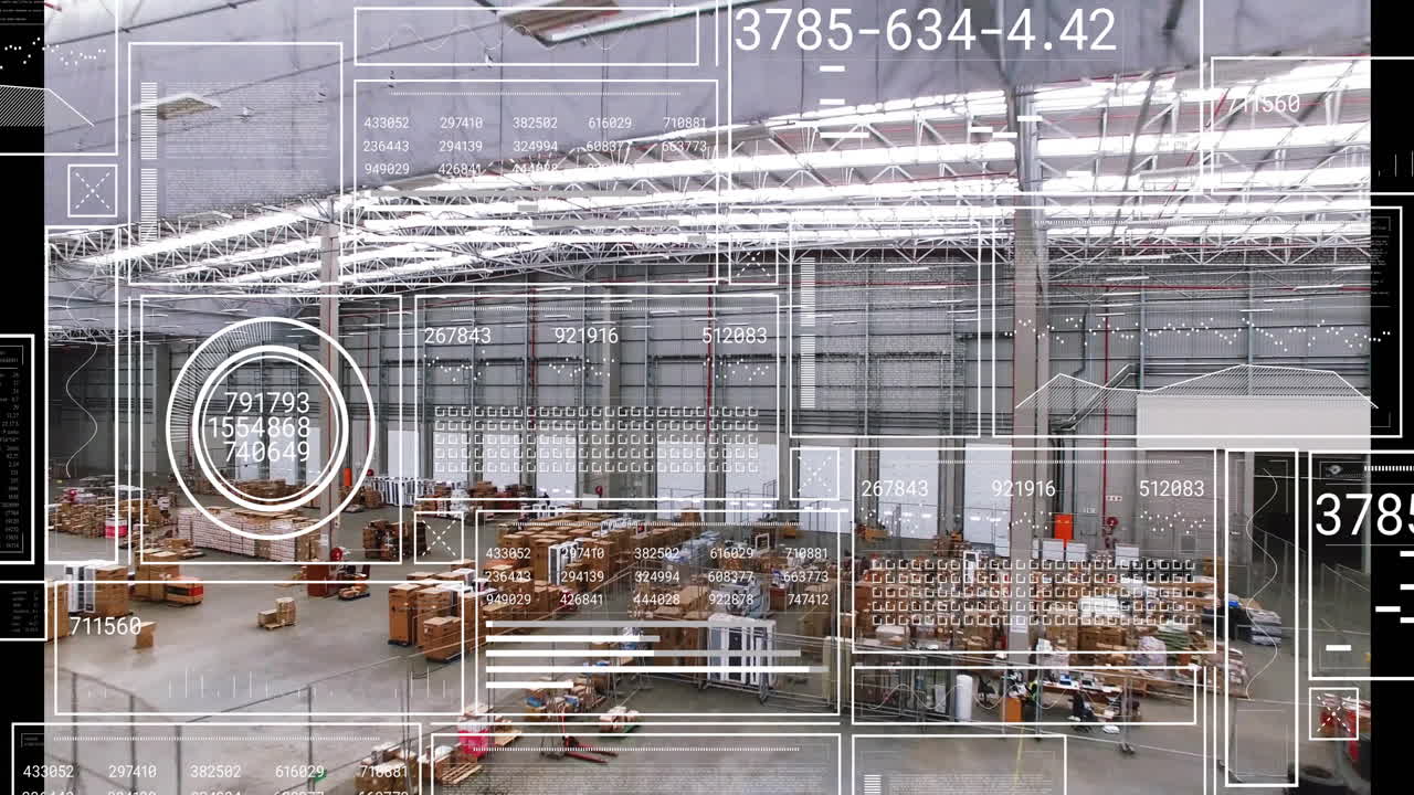 Warehouse showing digital data overlay with inventory and logistics animation