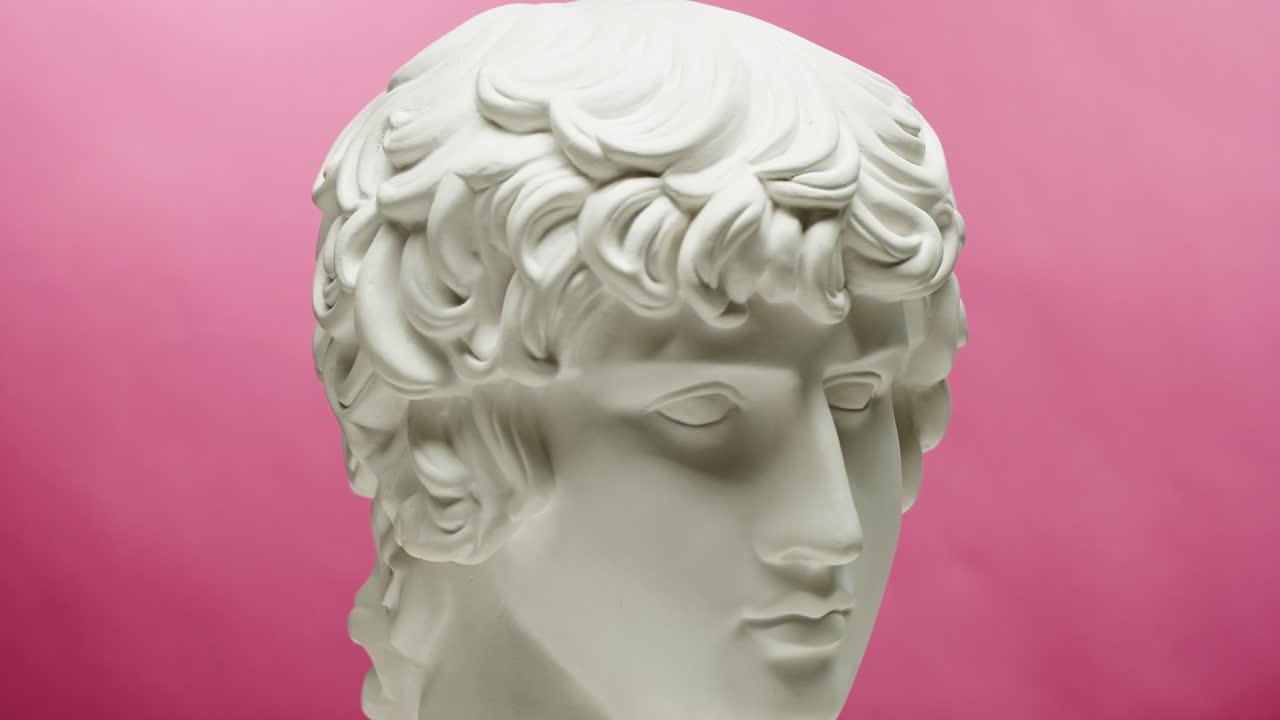 Busto Rotante in Gesso di Testa Maschile Classica su Sfondo Rosa