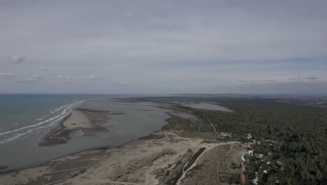 Drohnenvideo-über-Dem-Naturpark-Divjake-Karavasta,-Frontalaufnahme,-Die-über-Das-Ufer-Des-Strandes-Und-Die-Bäume-Vorrückt