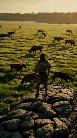 ancient hunter observing deer herd