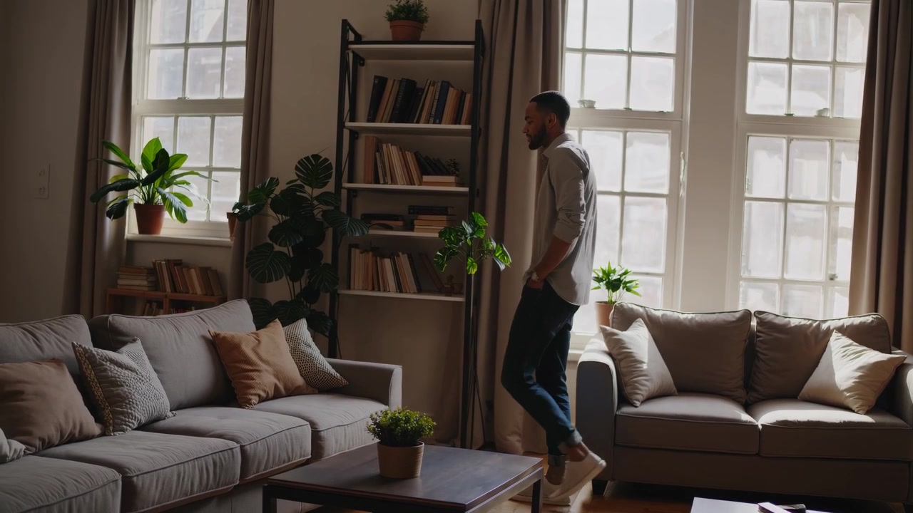Young Man Walking Through a Modern Living Room