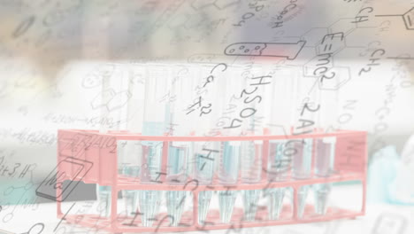 test tubes in rack with chemical formulas animation over laboratory background