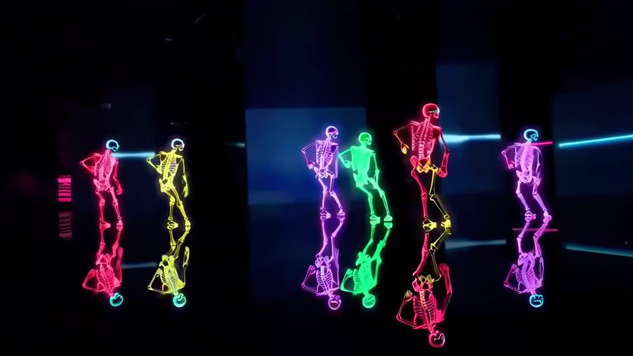 Tańczące neonowe szkielety w dynamicznym filmie, nagrane pod niskim kątem w futurystycznym stylu.