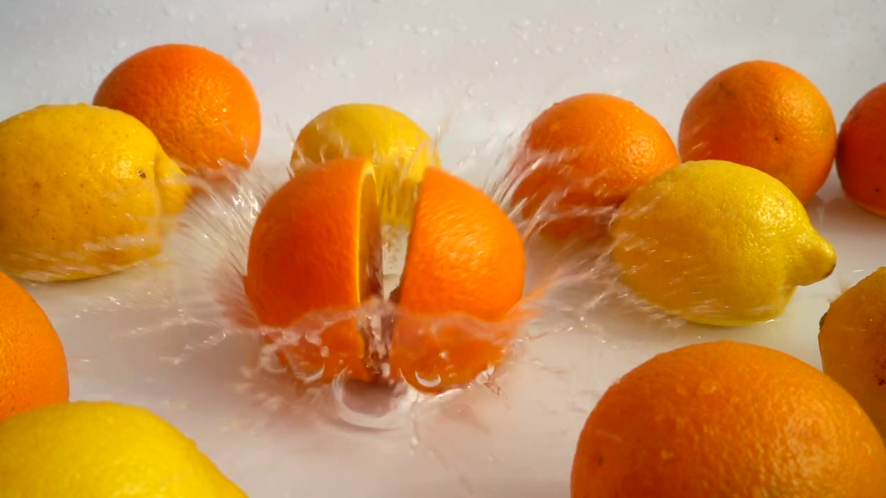 La caduta di un'arancia succosa nell'acqua. Rallentatore