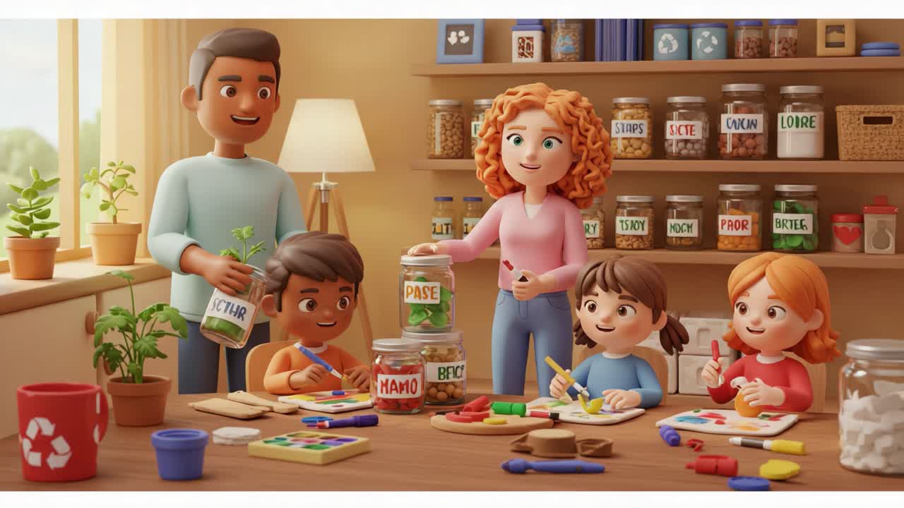 A cheerful scene of children engaging in creative activities with their parents, surrounded by art supplies and filled jars, promoting learning and imagination in a cozy environment