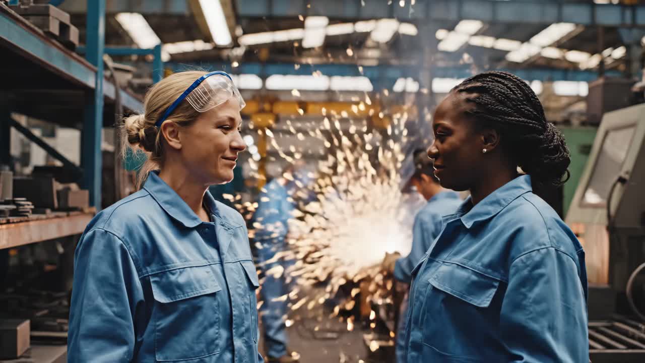 Factory Workers Sharing a Laugh While Welding