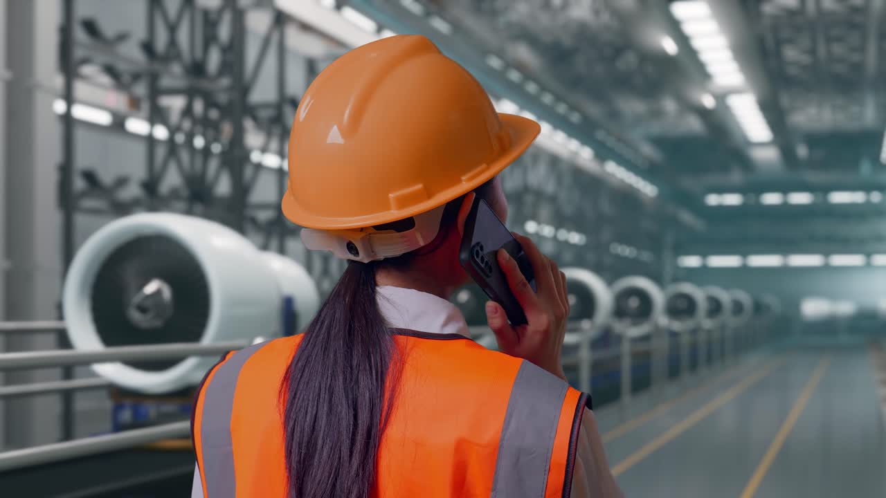 Vista ravvicinata da dietro di un'ingegnere asiatica con elmetto di sicurezza, che parla al cellulare mentre è in piedi sulla linea di produzione e assemblaggio di motori aeronautici in una fabbrica moderna.