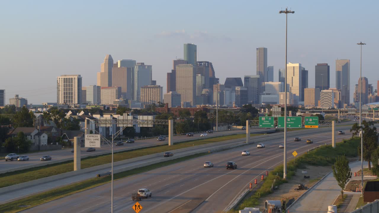 Bird's Eye View of Houston Highway 288 and Urban Skyline
