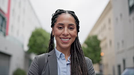 city, confident and face of business woman