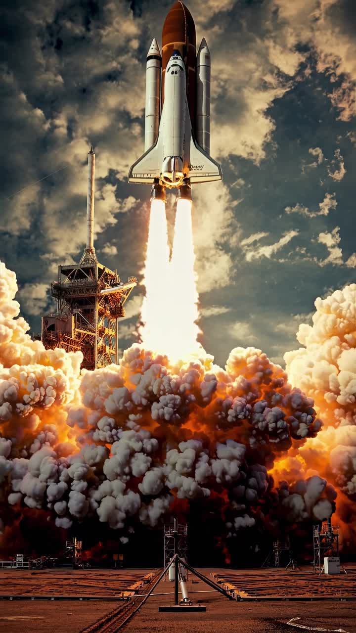 Dramatic low-angle shot of a space shuttle launch, capturing fiery exhaust and billowing smoke
