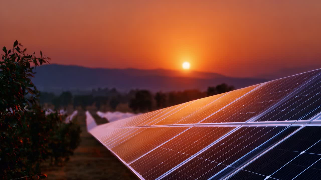 Tramonto suggestivo su pannelli solari: uno sguardo all'energia sostenibile con paesaggi rigogliosi e tonalità calde che illuminano il cielo serale