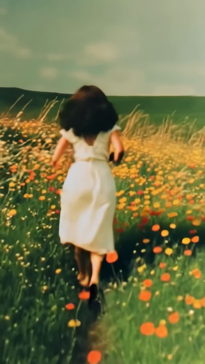 A vintage-style video still of a woman in a white dress running through a vibrant flower field