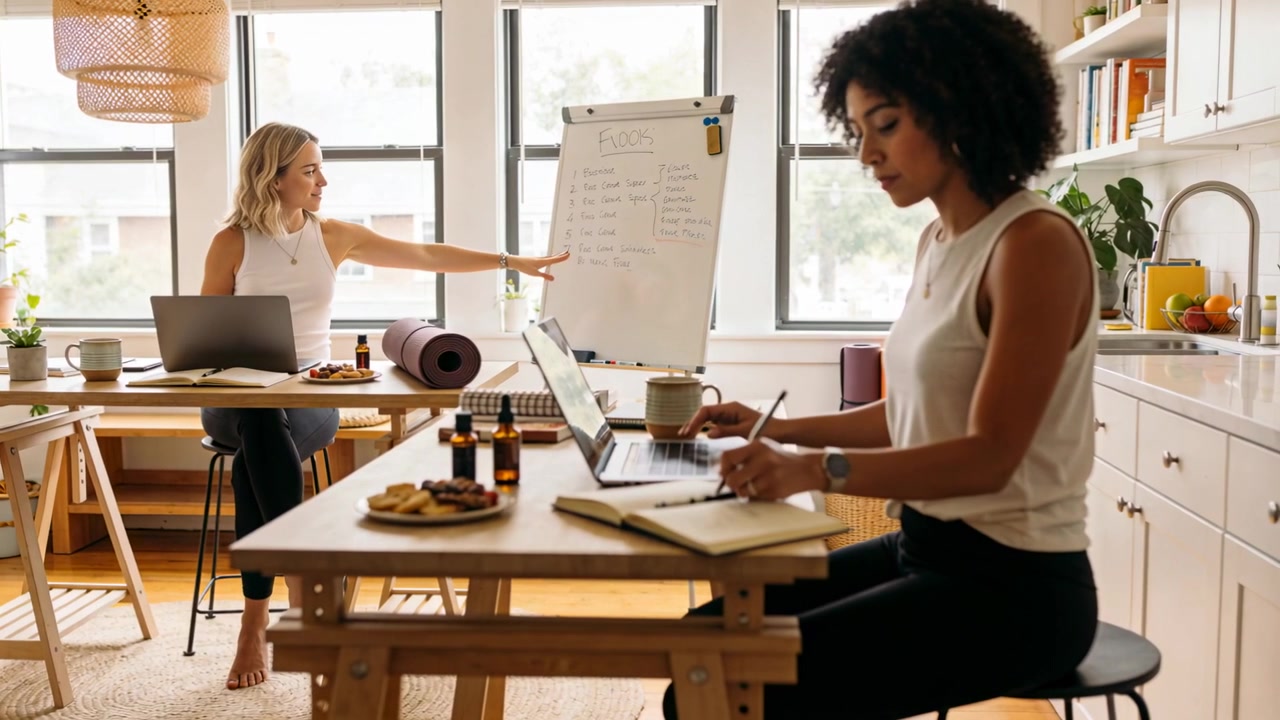 Pointing left woman causing right woman writing both wearing tanks planning in kitchen with laptop