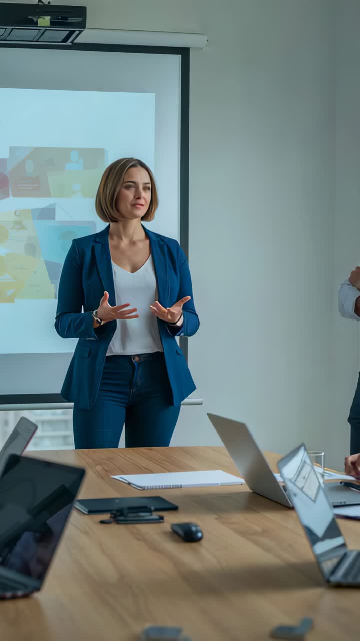 Vertical video: Slide up woman in blazer making point to team in boardroom with screen and laptop