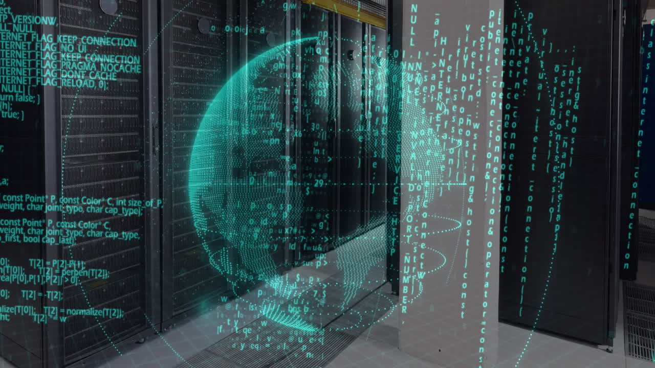 Animation of data processing over spinning globe against computer server room