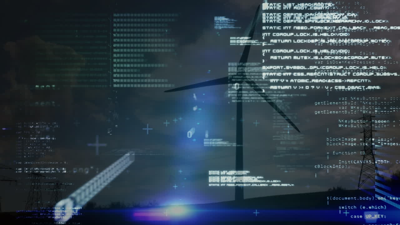 animazione dell'elaborazione dei dati su turbina eolica e cielo con nuvole