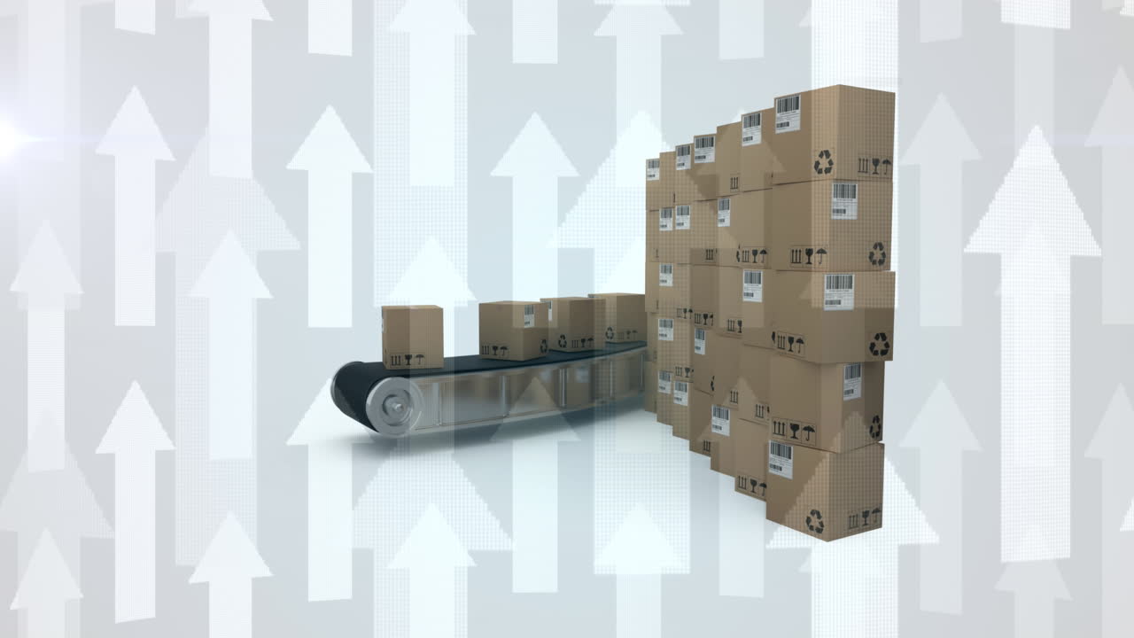animación de flechas blancas sobre cajas de cartón apiladas y en cinta transportadora sobre fondo blanco