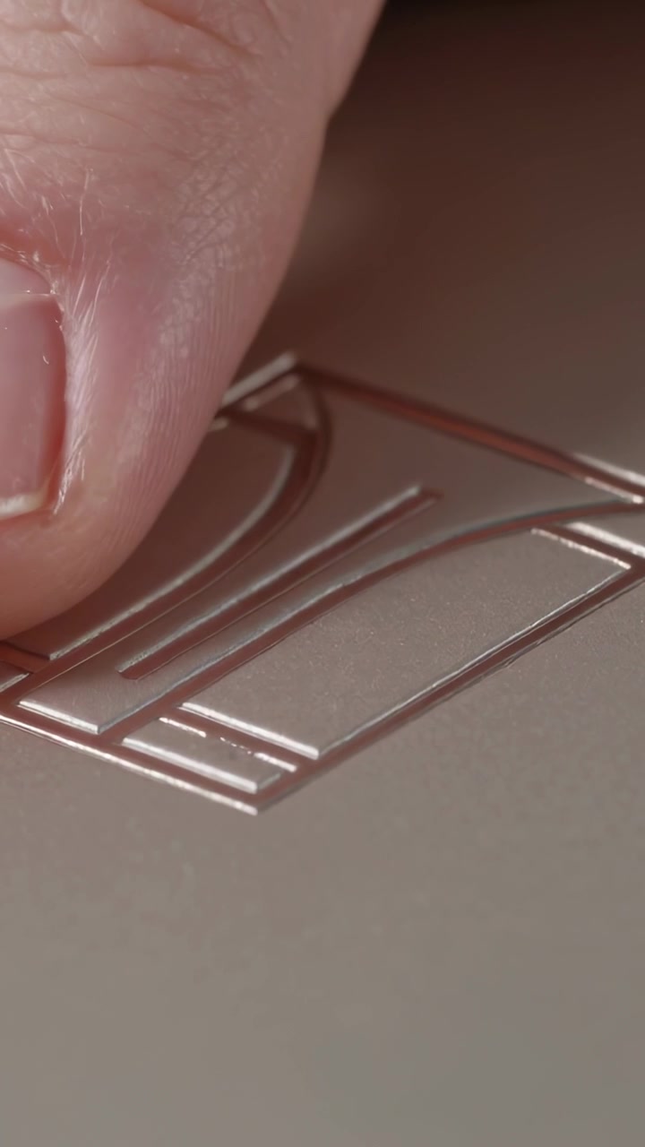 Vertikal video: Løfter med højre tommelfinger tynd metallisk mærkat på metalpanel, afslører et mellemrum.