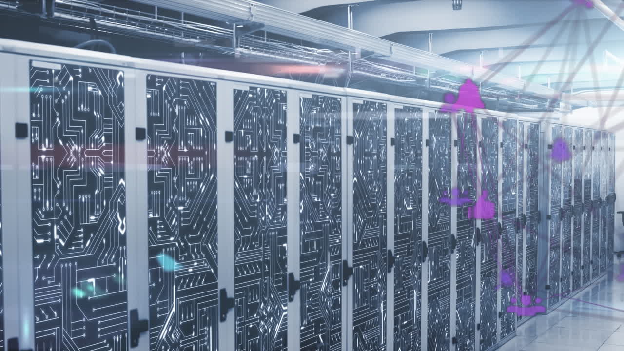 animación de globo de iconos digitales y conexiones de microprocesador contra la sala de servidores de computadora