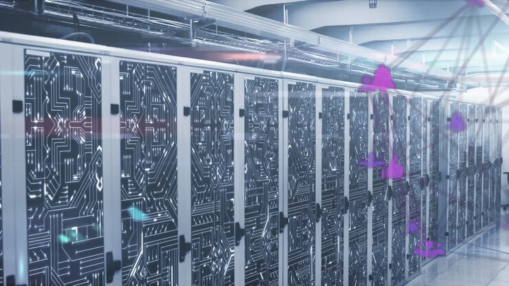 Animation of globe of digital icons and microprocessor connections against computer server room
