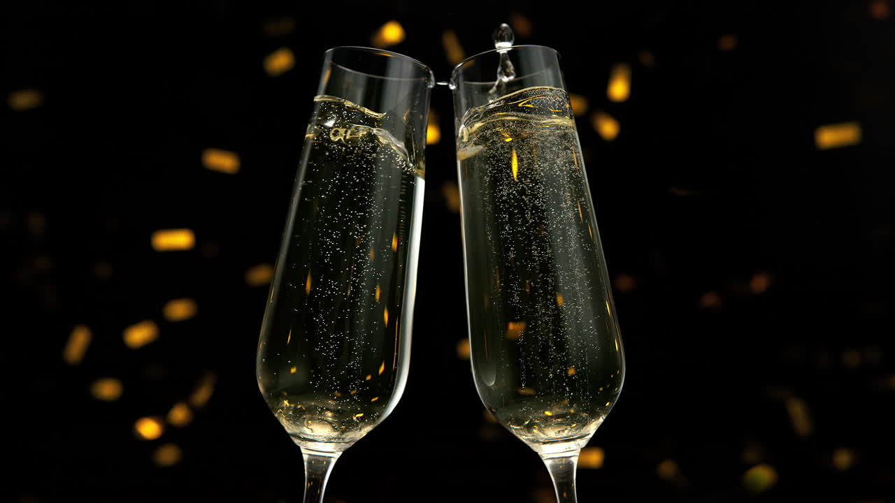 New Year's Toast With Clinking Glasses Of Sparkling Champagne Among Golden Confetti Falling in Macro and Slow Motion