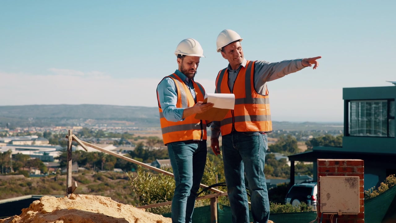 Two Construction Workers Reviewing Blueprints on a Building Site